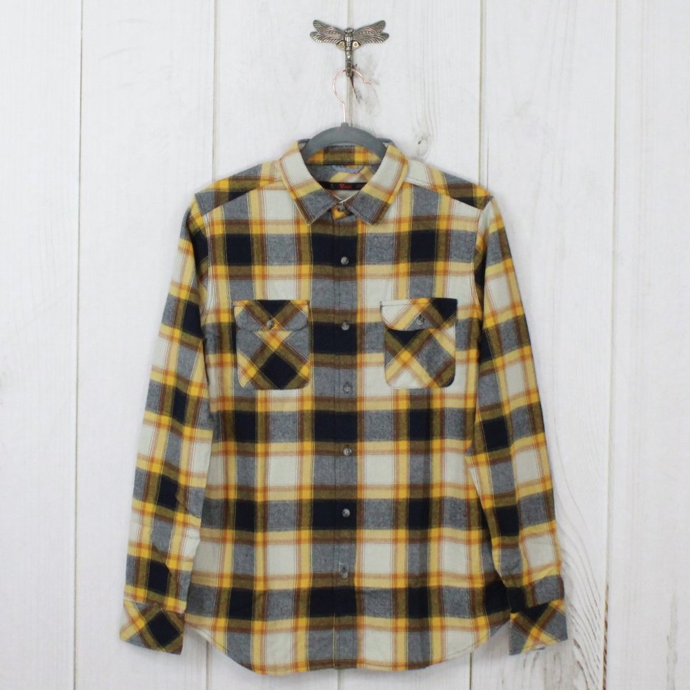 NWT Stoic Flannel Plaid Shirt Small Navy and Gold Heavyweight Outdoor Button Up